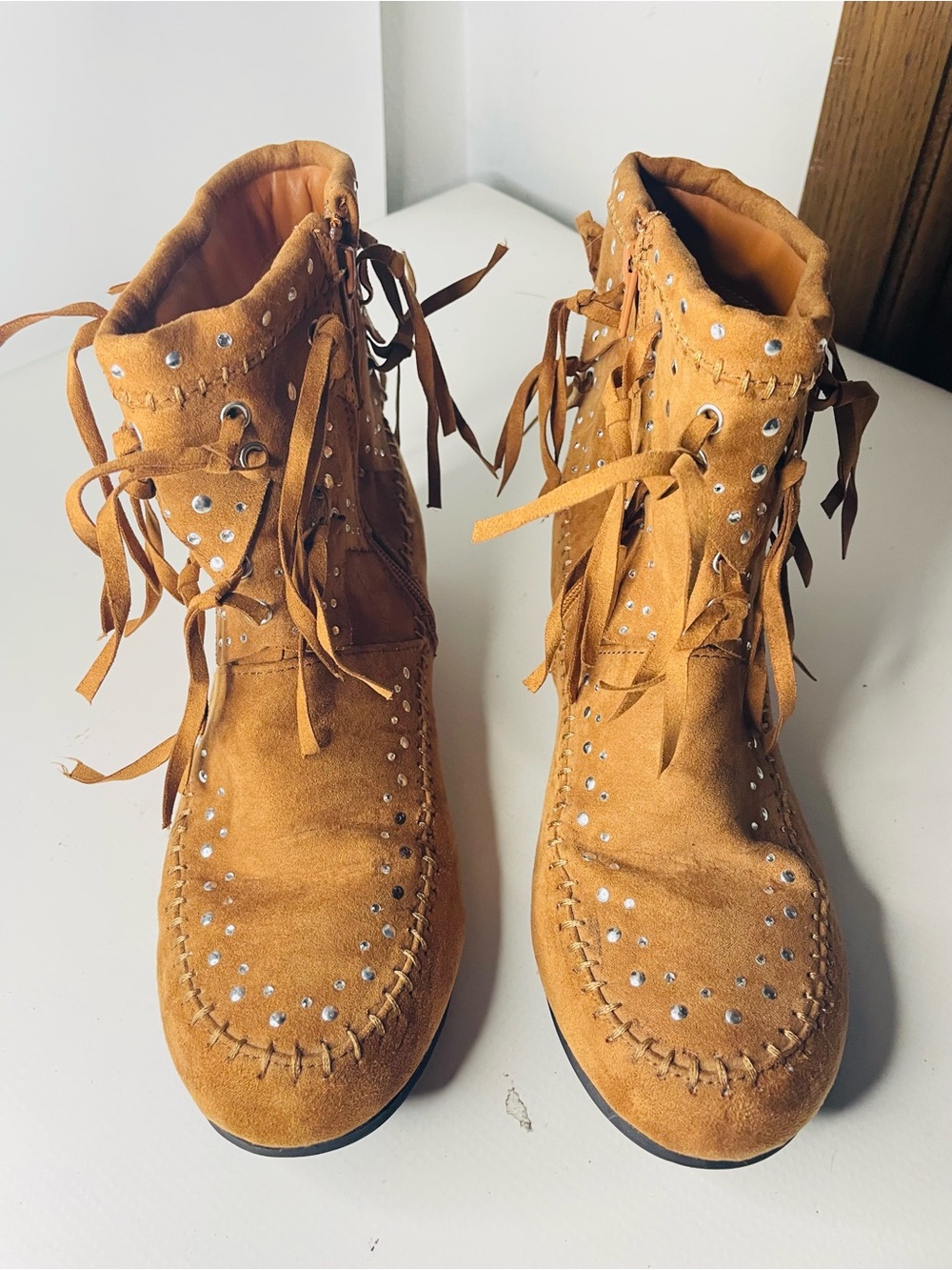 Justice Tan Suede Fringe Studded Ankle Boot’s Whip Stitching 8